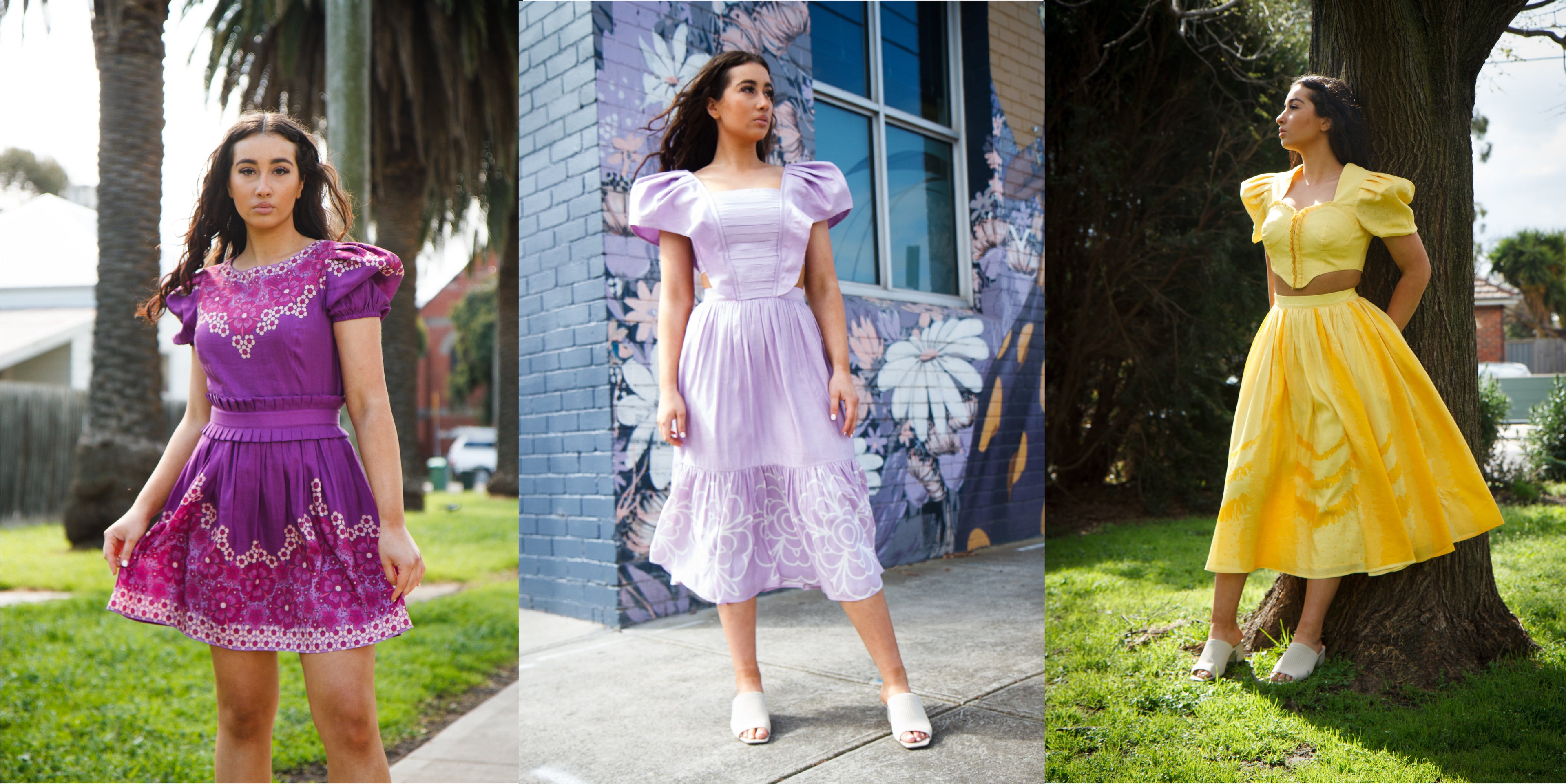Load video:  &#39;MAGICAL DREAM&#39; COLLECTION This collection is inspired by the “Magical Dream” theme. Embodying the MAZASHIE’S DNA with beautifully developed techniques, discover new silhouettes with intricate cut out detailing, with short puff sleeves and voluminous skirts. Exemplary styling has been balanced by playful ruffles with evolved pleating and romantic prints.                               A stunning two-piece set completes the seasonal look. UniquePlacement print designs, signature detachable belt and hand-made constructions givea luxurious look and exclusivity to our collection. 