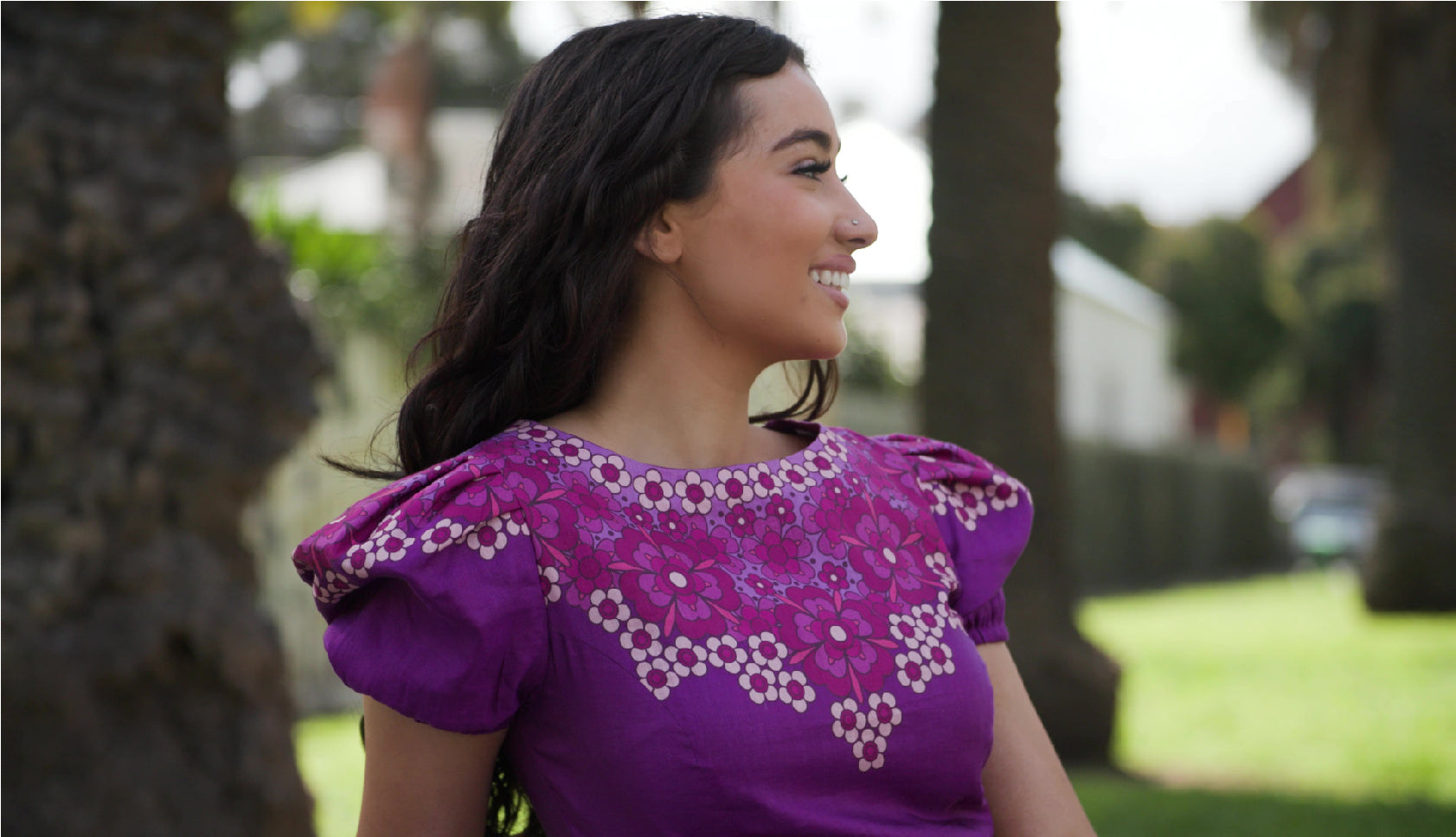 PRODUCT DESCRIPTION  Premium silk cotton linen, Dahlia-Purple unique mini dress exclusive to MAZASHIE.  Vibrant Placement print on the bodice, short puff sleeves and voluminous skirt.  Crew neckline and signature detachable, adjustable self-fabric belt.  Princess seams make a perfect fit.  Invisible back zip closure.  Side seam concealed pockets.  Fully lined in soft cotton.     *This romantic all-occasion dress is a perfect signature piece for your summer wardrobe.
